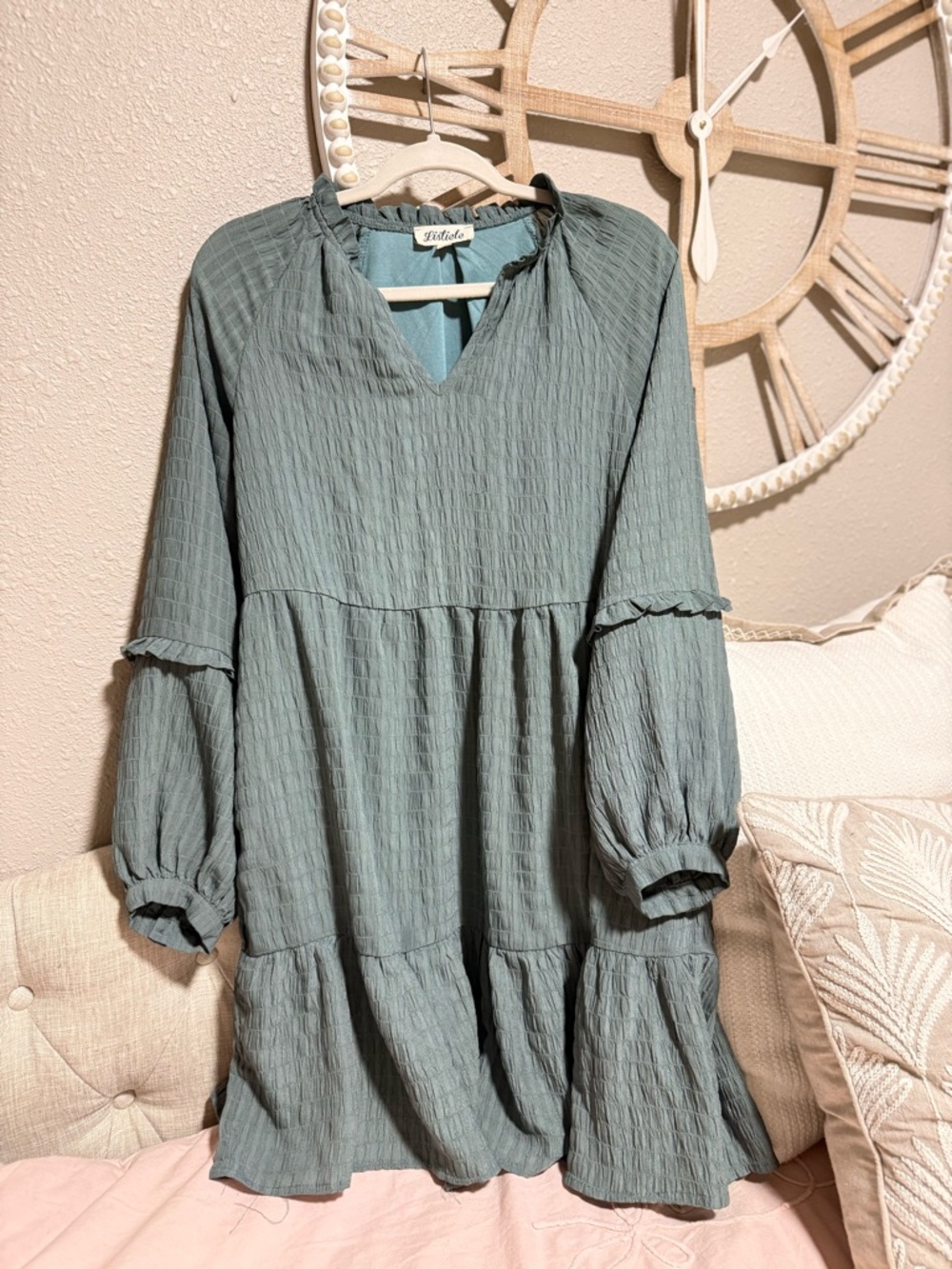Textured Sage Green Tiered Babydoll Dress